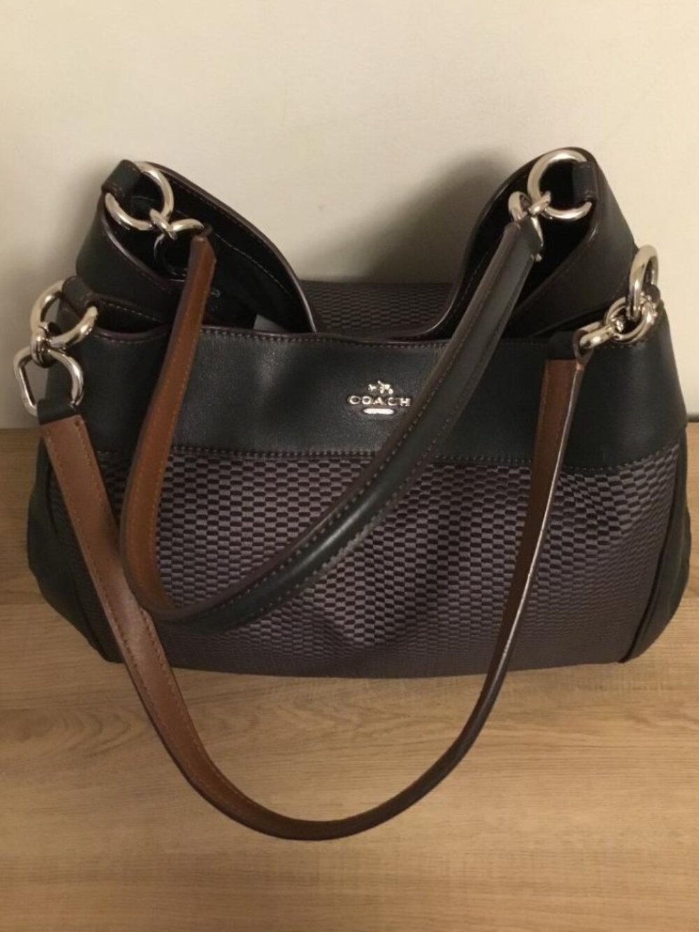 Coach Legacy Black Jacquard Checker Pattern w/Leather Trim Lexy Shoulder Bag COA